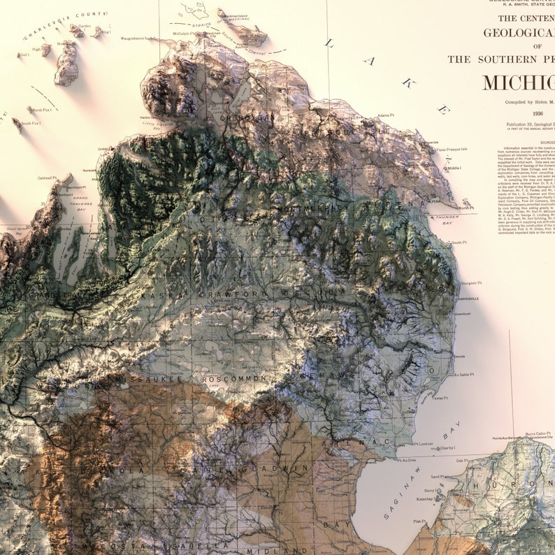Puede incluir: Un mapa vintage de la Pen&iacute;nsula Sur de Michigan, que muestra las formaciones geol&oacute;gicas de la regi&oacute;n. El mapa est&aacute; en tonos marrones, verdes y azules, con etiquetas de texto para varias ubicaciones y caracter&iacute;sticas. El mapa est&aacute; titulado "The Centenary Geological Map of the Southern Peninsula of Michigan, 1908."