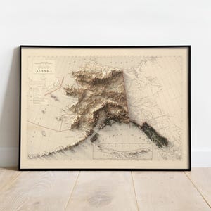 Denali (Mount McKinley) and glaciers  in 3D vintage Alaska map with elevation shading