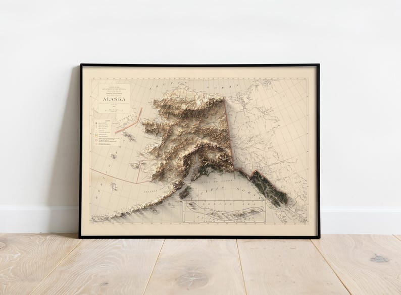 Denali (Mount McKinley) and glaciers  in 3D vintage Alaska map with elevation shading