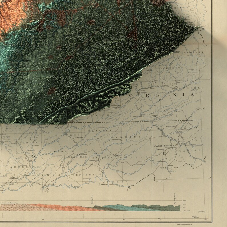 May include: A vintage map of the eastern United States, showing the states of Virginia, Tennessee, North Carolina, and Kentucky. The map is in a relief style, with the mountains and valleys shown in different shades of green. The map is labeled with the names of the counties and rivers.
