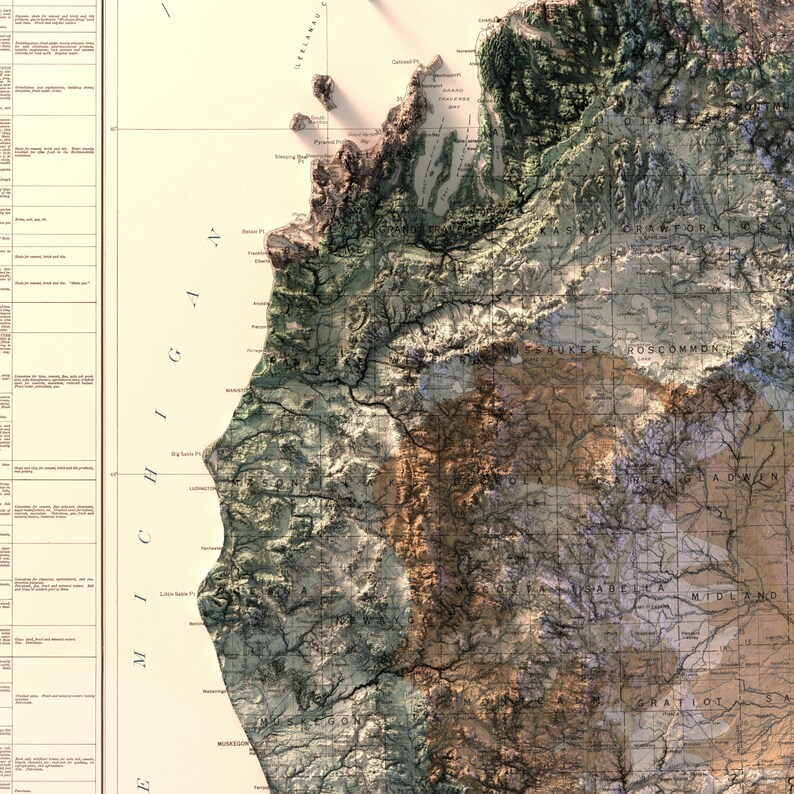 Puede incluir: Un mapa vintage de Michigan con topograf&iacute;a detallada y sistemas fluviales. El mapa est&aacute; impreso en papel color crema con tinta marr&oacute;n y verde. El mapa muestra las fronteras del estado, las principales ciudades y las caracter&iacute;sticas geogr&aacute;ficas.