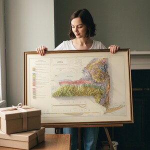 Op de afbeelding: Een ingelijste kaart van de staat New York, met gedetailleerde topografische kenmerken met verschillende kleuren die hoogte en geologische kenmerken aangeven. De kaart zit in een houten lijst en wordt op een ezel gepresenteerd.