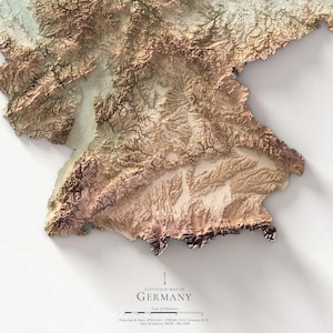May include: A detailed 3D elevation map of Germany, displaying the country's topography in shades of brown, tan, and beige. The map includes text indicating it's an elevation map of Germany, with scale and data information. The map is set against a white background.