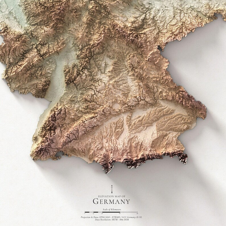 May include: A detailed 3D elevation map of Germany, displaying the country's topography in shades of brown, tan, and beige. The map includes text indicating it's an elevation map of Germany, with scale and data information. The map is set against a white background.
