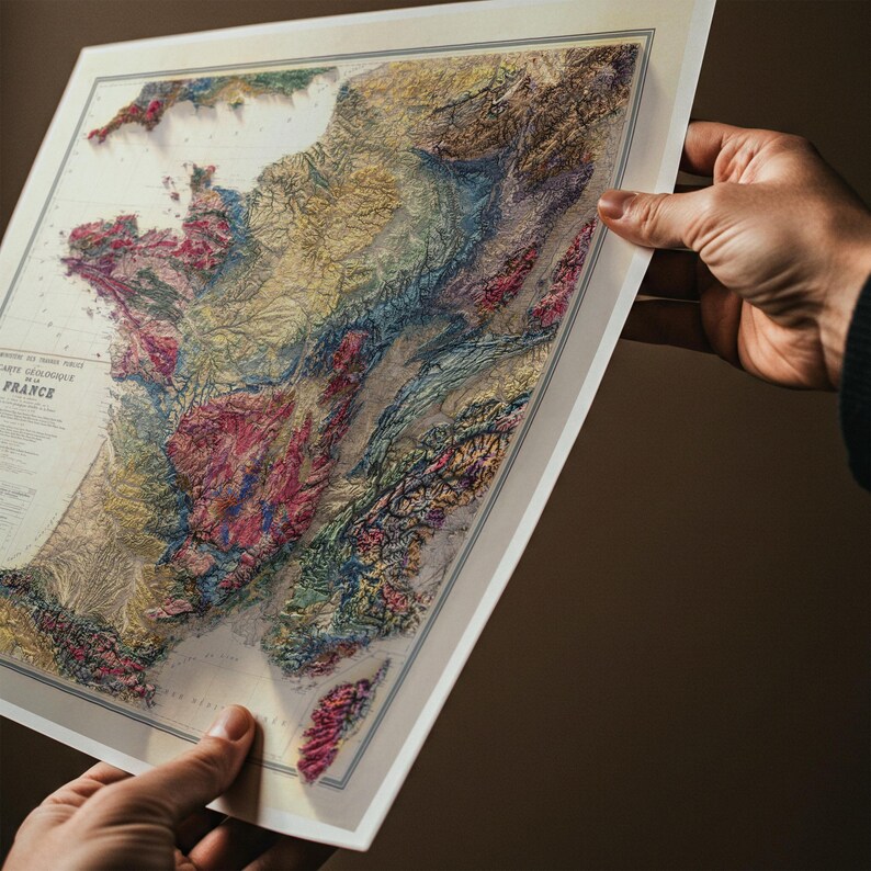 Geological Map of France: Topographic Elevation Art Print image 6