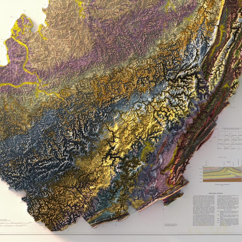 Puede incluir: Un mapa en relieve 3D detallado de una regi&oacute;n monta&ntilde;osa, con colores dorados, morados, azules y marrones para indicar la elevaci&oacute;n y las formaciones geol&oacute;gicas. El mapa est&aacute; montado sobre una superficie blanca, mostrando detalles intrincados.
