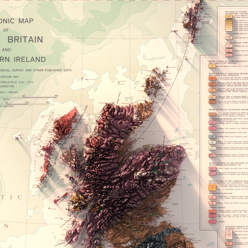 May include: A detailed geological map of Great Britain and Northern Ireland, showing the different rock formations and geological features. The map is color-coded to indicate the different types of rocks, and includes a key to explain the different symbols used.