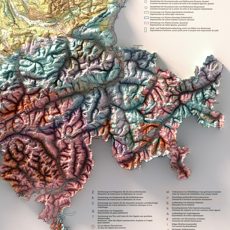 スイス地図ウォールアート：ヴィンテージ風の地質・地形図プリント、質感のあるレリーフポスター 画像 7