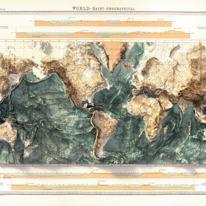 Pu&ograve; includere: Una mappa del mondo vintage con una vista batimetrica-orografica, che mostra l'altitudine terrestre e le profondit&agrave; oceaniche. La mappa presenta ombreggiature di rilievo dettagliate in tonalit&agrave; marroni e verdi, con il testo "WORLD - BATHY-OROGRAPHICAL". La mappa &egrave; tratta da "The Times Atlas".
