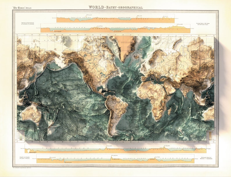 Pu&ograve; includere: Una mappa del mondo vintage con una vista batimetrica-orografica, che mostra l'altitudine terrestre e le profondit&agrave; oceaniche. La mappa presenta ombreggiature di rilievo dettagliate in tonalit&agrave; marroni e verdi, con il testo "WORLD - BATHY-OROGRAPHICAL". La mappa &egrave; tratta da "The Times Atlas".