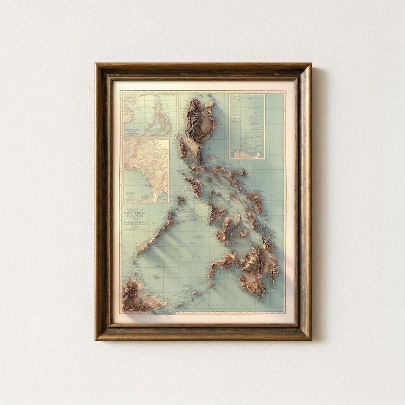 Vintage Map of the Philippines 1924: Detailed Topographic Relief Print, Vintage Style Wall Poster image 1
