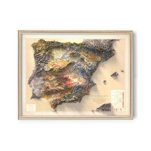 Bodemkaart Spanje (1966) - wanddecoratie - topografie - hoogte - kunstafdruk - uniek cadeau