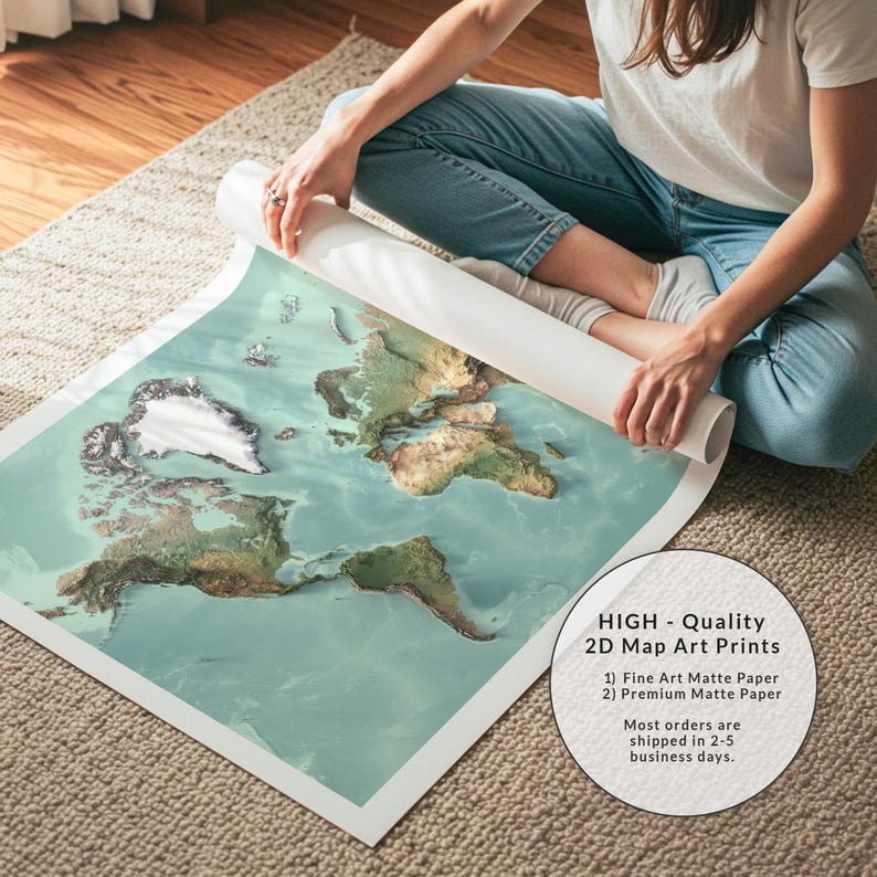 Weltkarte Wandkunst, Relief-Stil Weltkarte (flacher Ozean) Druck, großes topographisches Weltkarten Poster, Erdhöhen Karte, Büro Wandkunst Bild 10