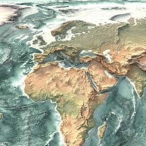 May include: A detailed topographic map of Europe and Africa, showing the continents' landforms and coastlines. The map is colored in shades of green, brown, and blue, with the ocean depths depicted in shades of blue.
