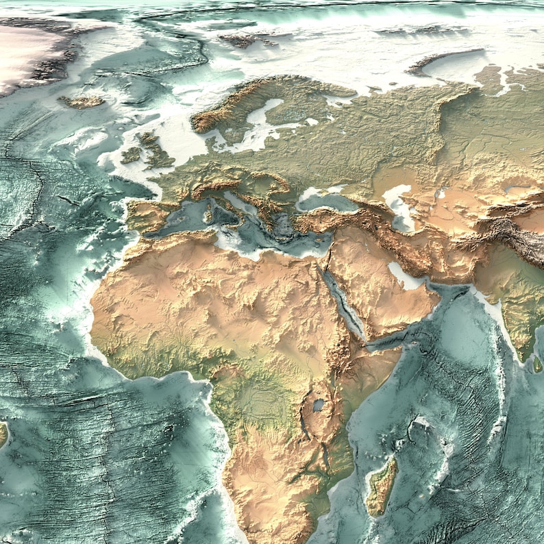 May include: A detailed topographic map of Europe and Africa, showing the continents' landforms and coastlines. The map is colored in shades of green, brown, and blue, with the ocean depths depicted in shades of blue.