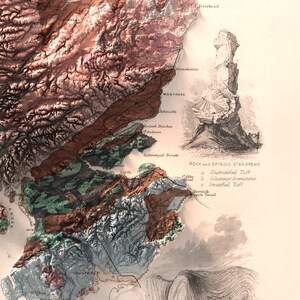 Może przedstawiać: Winietkowa ilustracja geologicznej mapy Szkocji, przedstawiająca r&oacute;żne formacje skalne i formy terenu. Mapa jest oznaczona nazwami miejsc, takimi jak "Arran", "Leith", "Peterhead", "Stonehaven", "Montrose", "Arbroath" i "Berwick upon Tweed". Mapa zawiera r&oacute;wnież zbliżenie formacji skalnej zwanej "Rock and Spindle Standrews", z kluczem wyjaśniającym r&oacute;żne rodzaje skał.