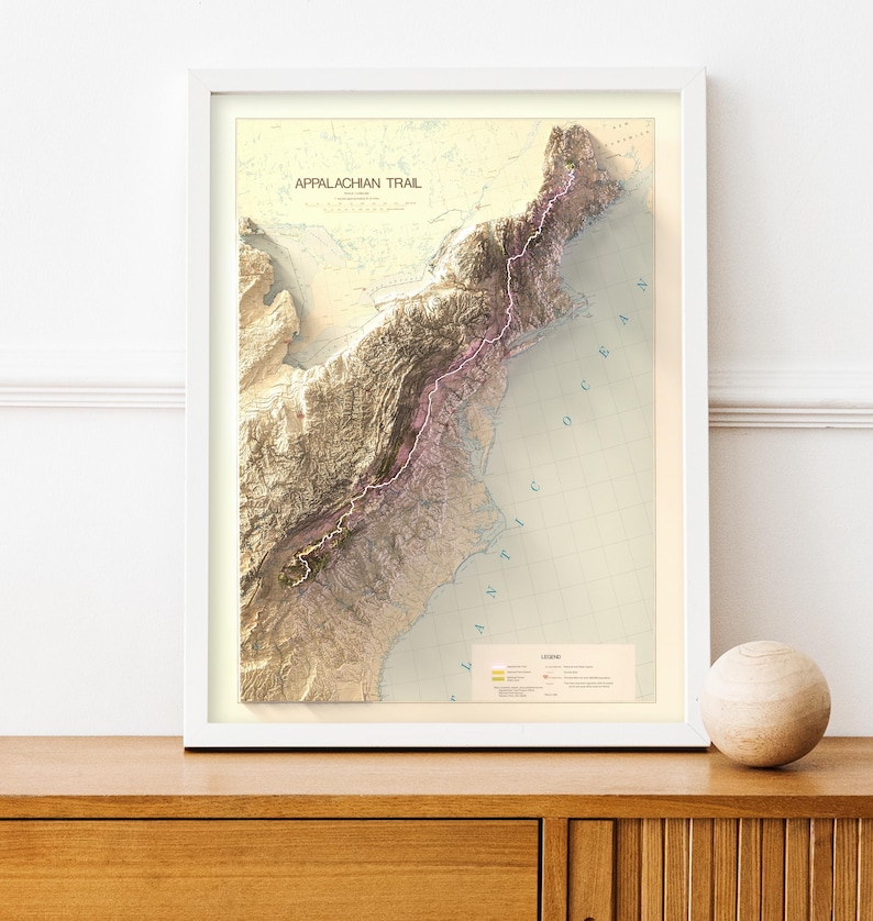 framed unique trail map, Trail Design for Modern Home Decor, McAfee Knob, Virginia trail map