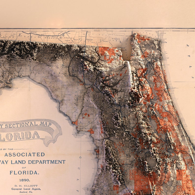 May include: A vintage map of Florida, showing the state's geography and land divisions. The map is printed on a cream-colored paper with brown and black lines and text. The map is titled "Sectional Map of Florida" and is dated 1890.