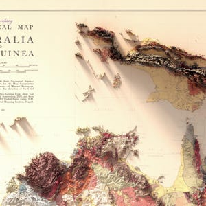 May include: A vintage map of Australia and New Guinea, showing the geological formations of the land. The map is in shades of brown, yellow, red, and green, with a white background. The map is titled "Geological Map of Australia and New Guinea".