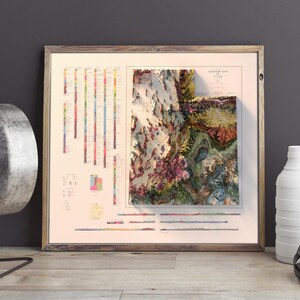 May include: A framed print of a topographic map of Utah, with a colorful geological timeline on the side. The map shows the state's varied terrain in shades of green, brown, and red.