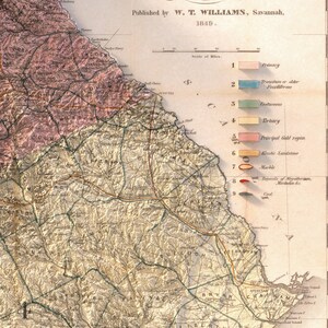 May include: A vintage map of the southeastern United States, published in 1849 by W.T. Williams of Savannah. The map shows geological formations, including primary, transition, cretaceous, tertiary, principal gold region, elastic sandstone, marble, deposits of megatherium, mastodon, etc., and coal.
