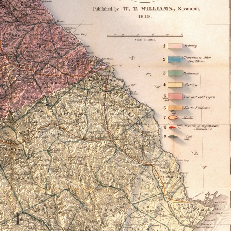 May include: A vintage map of the southeastern United States, published in 1849 by W.T. Williams of Savannah. The map shows geological formations, including primary, transition, cretaceous, tertiary, principal gold region, elastic sandstone, marble, deposits of megatherium, mastodon, etc., and coal.