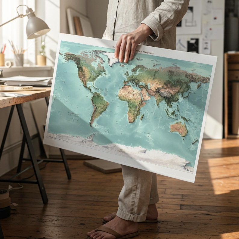 May include: A large rectangular wall map featuring a detailed physical representation of the world's natural topography. The map displays continents in shades of green and brown against a light teal ocean background with visible text.