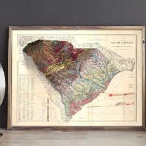 Pode incluir: Um mapa vintage da Carolina do Sul com um efeito de relevo 3D. O mapa &eacute; emoldurado em uma moldura de madeira marrom e tem um fundo creme. O mapa mostra a topografia do estado com diferentes cores representando diferentes eleva&ccedil;&otilde;es.