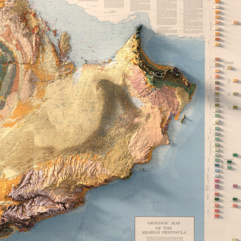 May include: A detailed geological map of the Arabian Peninsula, showing various rock formations and geological features. The map is colour-coded to represent different geological periods and formations. The map is titled "Geologic Map of the Arabian Peninsula".