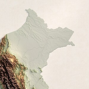 Pode incluir: Um mapa topogr&aacute;fico detalhado de uma regi&atilde;o com um esquema de cores marrom claro, verde e bege. O mapa mostra a eleva&ccedil;&atilde;o do terreno com diferentes tons de cor.