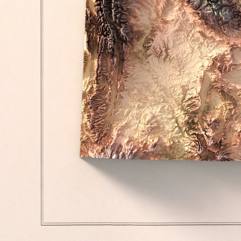 May include: A detailed topographic map of a mountainous region, with brown, beige, and green hues representing different elevations. The map is printed on a thick, textured paper.