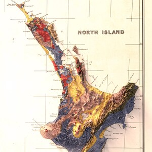 May include: A vintage map of the North Island of New Zealand, showing the geological formations in different colors. The map is labeled with the names of various geographic features, including the Bay of Plenty, Hawke Bay, and the Taupo Lake.