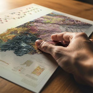 May include: A detailed, three-dimensional topographical map with a hand touching the surface. The map features a variety of colours, including greens, browns, and blues, representing different elevations and terrains. The map is printed on a white paper with additional diagrams.