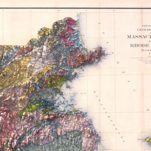 May include: A vintage geological map of Massachusetts and Rhode Island, showing the different rock formations in the area. The map is printed in shades of brown, green, yellow, and pink, and includes a key to the different rock types. The map is titled "Preliminary Geological Map of Massachusetts and Rhode Island by J.W. Dawson, 1861."
