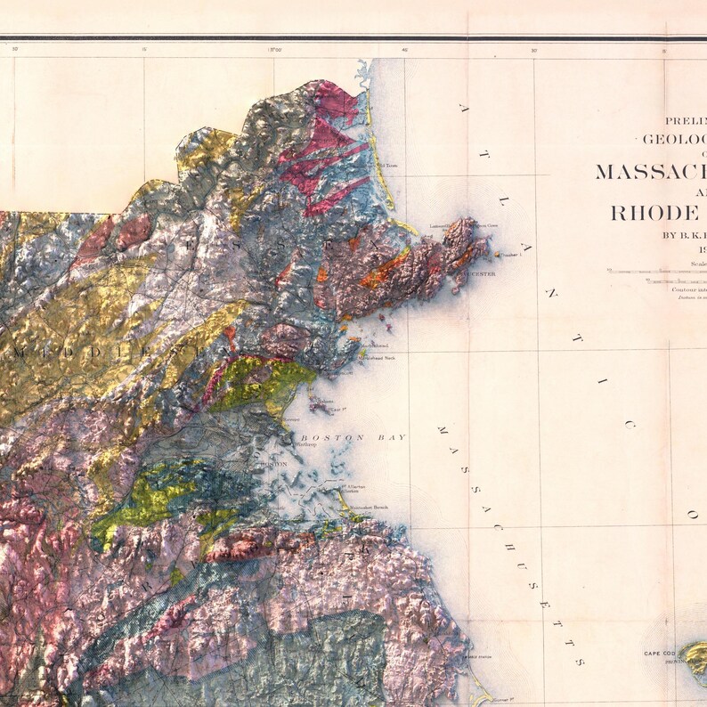 May include: A vintage geological map of Massachusetts and Rhode Island, showing the different rock formations in the area. The map is printed in shades of brown, green, yellow, and pink, and includes a key to the different rock types. The map is titled "Preliminary Geological Map of Massachusetts and Rhode Island by J.W. Dawson, 1861."