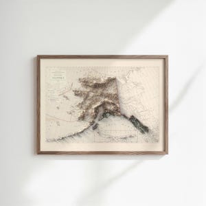 May include: Framed map of Alaska with a 3D topographic relief. The map is in a wooden frame and features detailed land elevation in shades of brown and beige. The word "Alaska" is printed at the top.