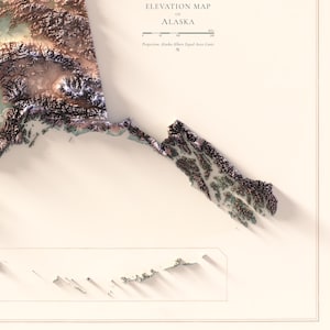 May include: An elevation map of Alaska, featuring a 3D topographic representation. The map displays varying shades of brown, green, and white, with text that reads "Elevation Map of Alaska." The scale is in miles, with a range from 0 to 200 miles.