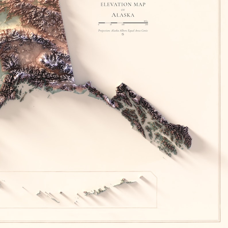 May include: An elevation map of Alaska, featuring a 3D topographic representation. The map displays varying shades of brown, green, and white, with text that reads "Elevation Map of Alaska." The scale is in miles, with a range from 0 to 200 miles.