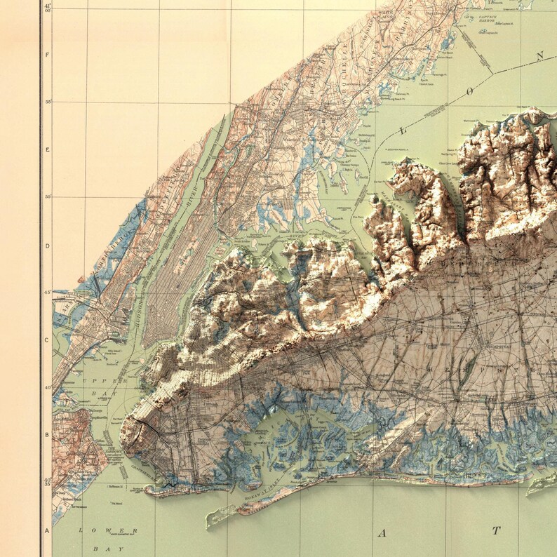Detailed view of the 1913 Long Island Map, highlighting realistic shading, vibrant colors, and crisp topography for a stunning wall decor piece.