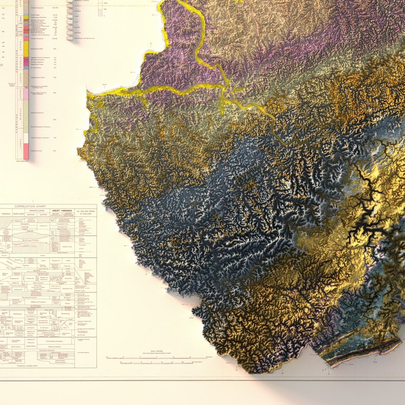 Geologisk karta över West Virginia från 1968: Vintage topografiskt relieftryck bild 7