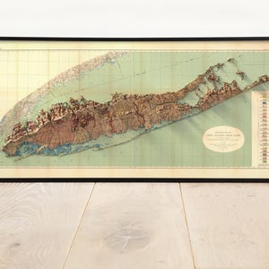 May include: A vintage map of Long Island, New York, in a black frame. The map is a relief map, showing the topography of the island. The map is in shades of brown, green, and blue. The title of the map is "Long Island, New York, Relief Map" and is printed in the lower right corner.