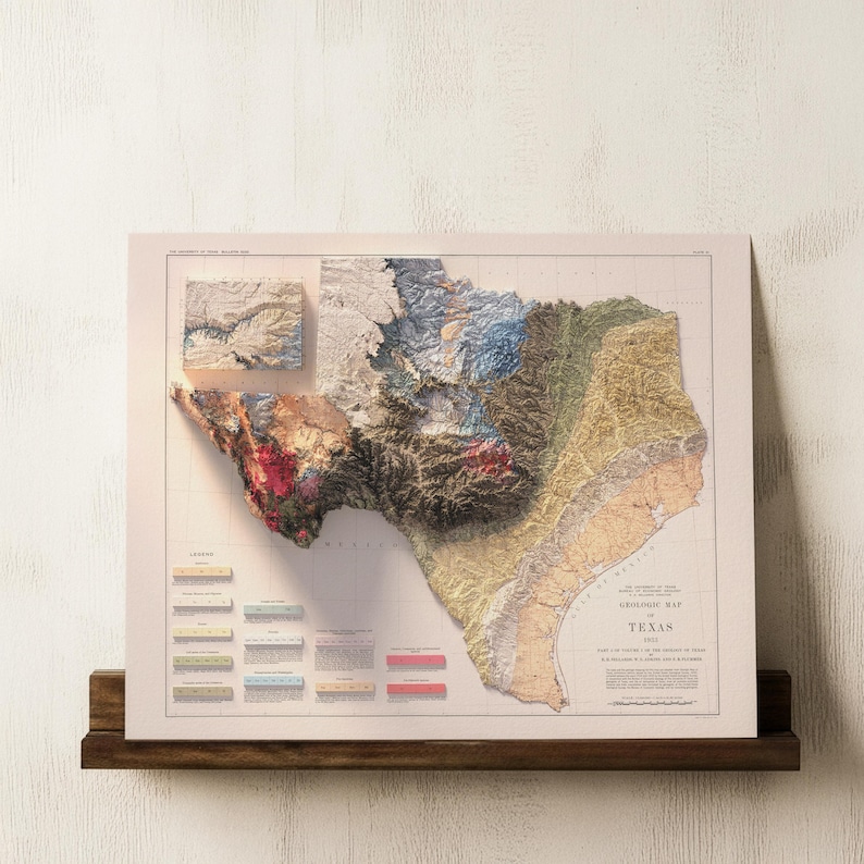 Vintage Texas Geological Map 1933: Relief & Elevation Wall Art, Map Poster Print image 1
