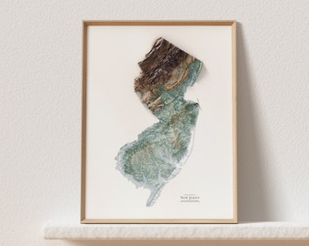 May include: A framed print of a topographic map of New Jersey. The map is in shades of green, brown, and white, and shows the state's terrain. The print is framed in a light wood frame.