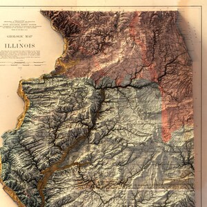 May include: A vintage geological map of Illinois, showing the state's topography and geological formations in a detailed, hand-drawn style. The map is printed on aged paper with a warm, sepia tone.