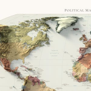 Mapa Político Mundial: Impressão Topográfica de Elevação, Arte de Parede em Relevo, Decoração de Escritório imagem 6