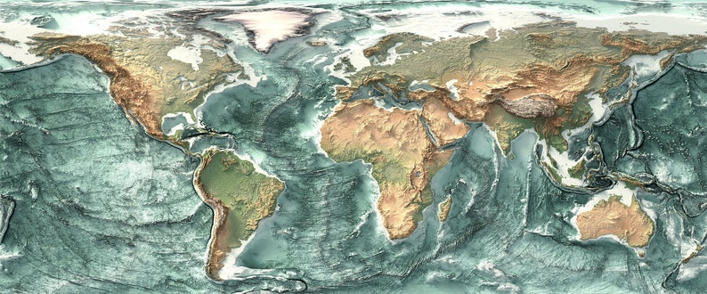 May include: A detailed map of the world with a focus on the continents and their geographical features. The oceans are depicted in shades of blue, while the continents are shown in shades of green, brown, and yellow. The map highlights the major mountain ranges, rivers, and coastlines.