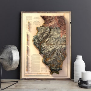 May include: A vintage map of Illinois in a wooden frame. The map is a relief map, showing the topography of the state. The map is in shades of brown, green, and blue.