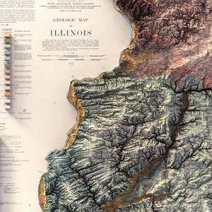 May include: A vintage geologic map of Illinois, featuring detailed topographical relief. The map displays a color-coded legend and text, with the title "Geologic Map of Illinois" prominently displayed. The map is from 1917.