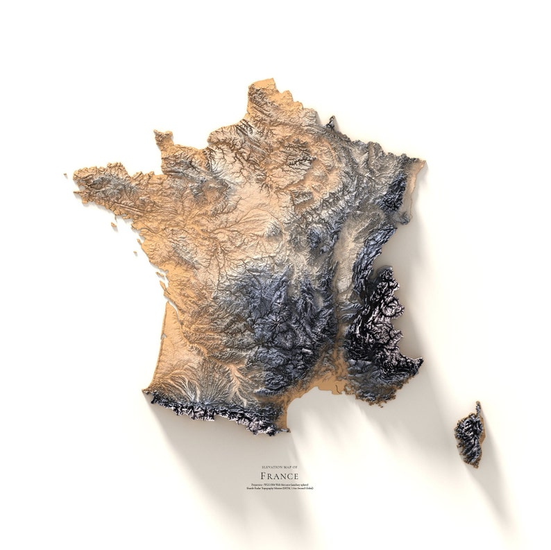 Puede incluir: Un mapa en relieve 3D de Francia con un esquema de color beige y gris. El mapa muestra la topograf&iacute;a del pa&iacute;s con monta&ntilde;as, valles y r&iacute;os. El mapa est&aacute; sobre un fondo blanco.