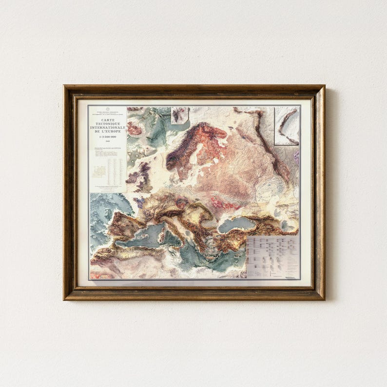 Europe Tectonic Map Art Print: Vintage Wall Decor image 4